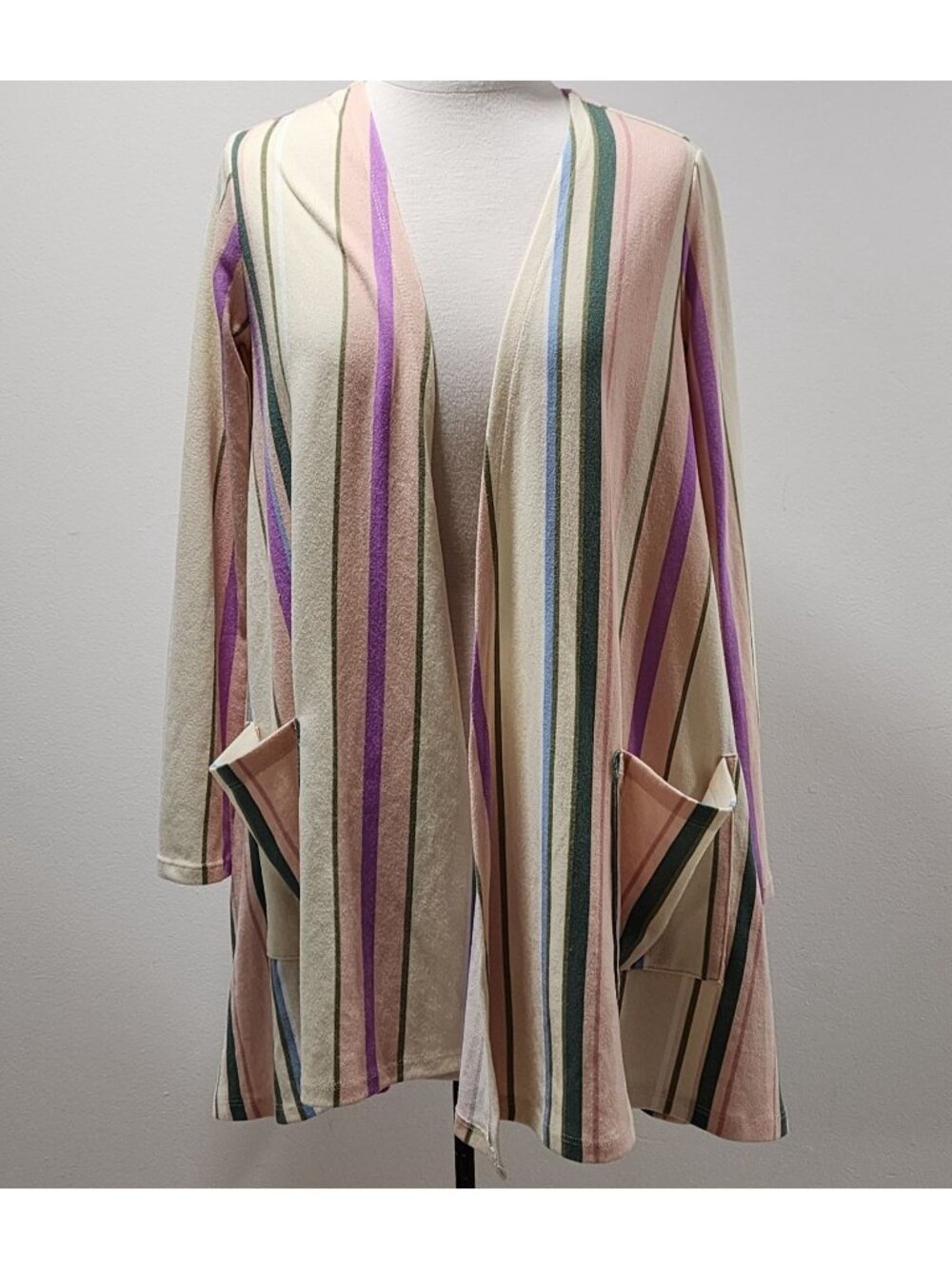 LuLaRoe Vertical Stripe Long Cardigan Pink Green Blue Cream Small